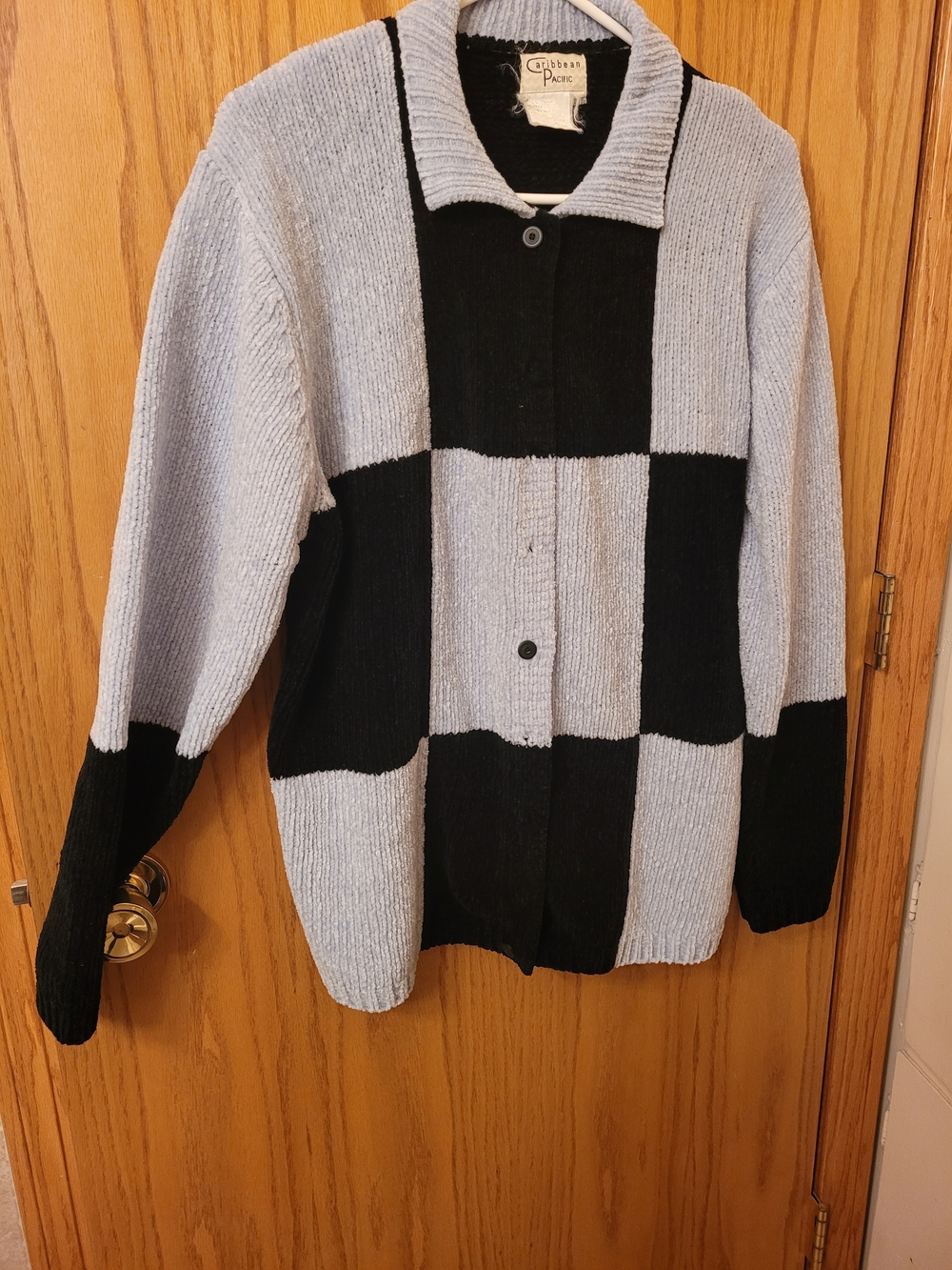 Vintage 90s Caribbean Pacific Chenille Cardigan - XLT - Blue Grey Checkerboard